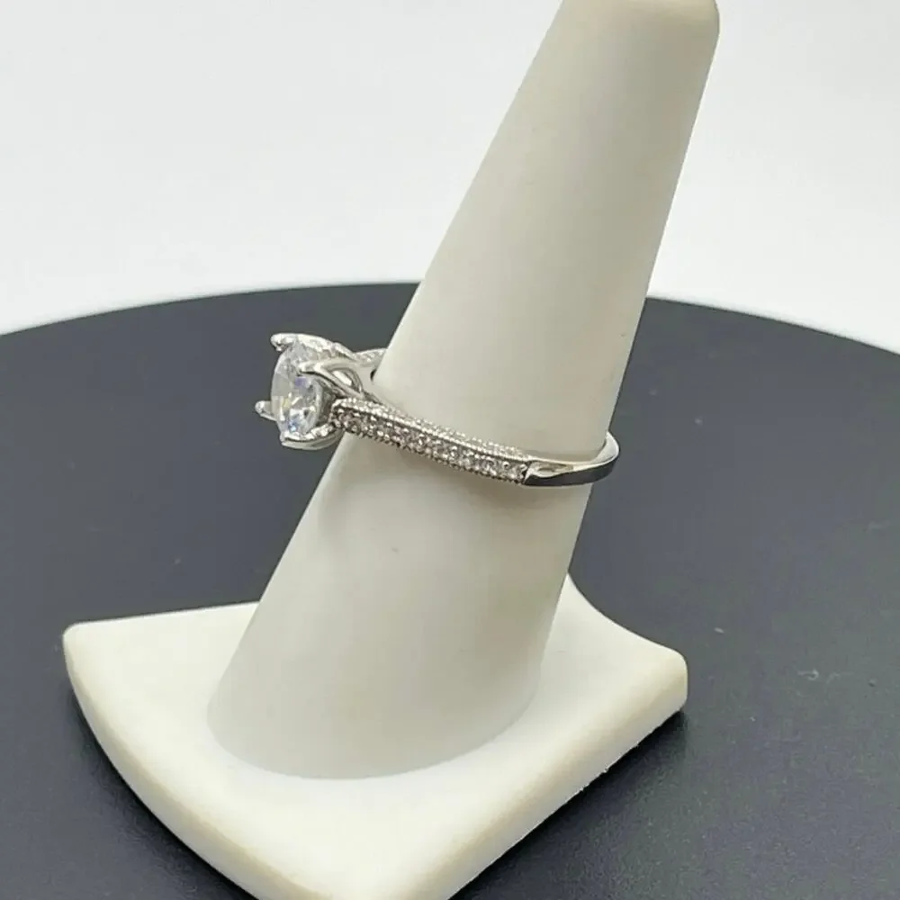 925 Sterling Silver Cathedral Solitaire Ring‎ 7mm Round CZ Pavé Accents Size 8